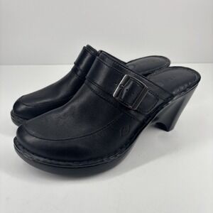 Born W31738 Women's US 9 Black Leather Comfort Wedge Clog Buckle‎ 3.25" Heel